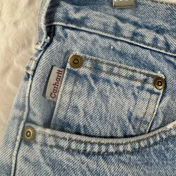 Vintage Carhartt Light Wash Denim Frayed Hem High-Waisted Shorts Streetwear - Picture 2 of 6